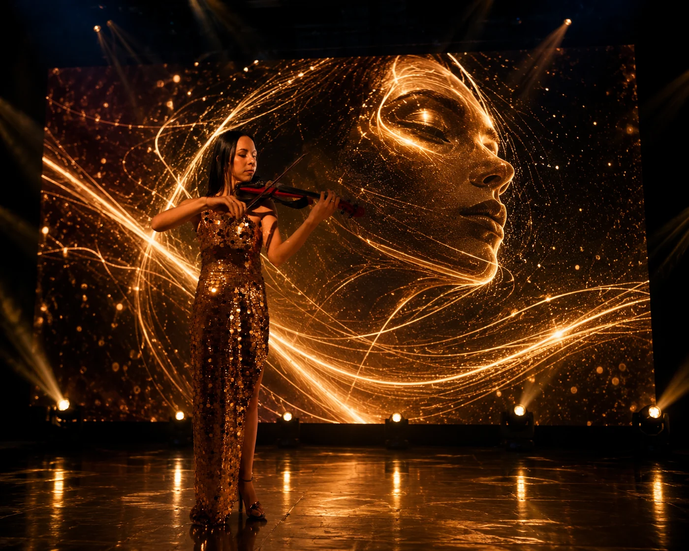 VYVIX cinematic violin stage visual with golden light design